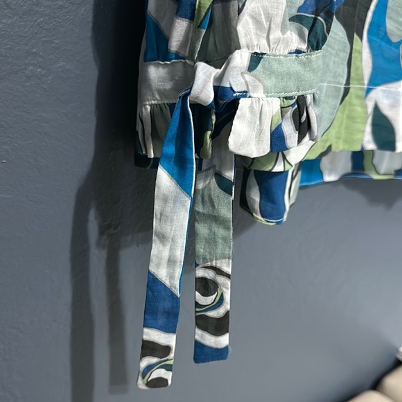 Blue and White Wrap Blouse with Tie Front and Mandarin Collar - Picture 5 of 8